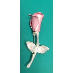 Vintage Avon Brooch Pin Flower Rose Pink Rose Flower Leaves Silver Tone Detailed